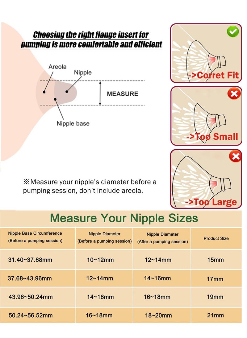 10pcs Flange Inserts 13/15/17/19/21mm*2 2pcs Duckbill Valves 2pcs Silicone Diaphragm Compatible with Momcozy Wearable Breast Pump S12 Pro/S9 Pro/S12/S9, Reduce Nipple Tunnel Down to Correct Size