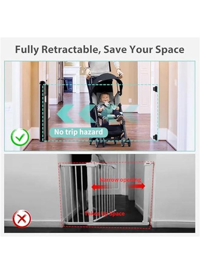 Retractable Baby Gates Hardware Mount for Stairs with Auto-Lock, 33 x 55 Mesh Double Locking Safety Baby Dog Pet Cat Gate for Doorways, Durable Child Gate for Hallways Kitchen Indoor Outdoor Black