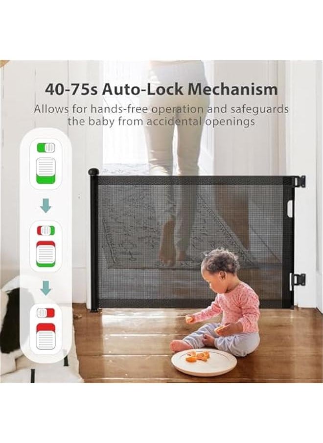 Retractable Baby Gates Hardware Mount for Stairs with Auto-Lock, 33 x 55 Mesh Double Locking Safety Baby Dog Pet Cat Gate for Doorways, Durable Child Gate for Hallways Kitchen Indoor Outdoor Black