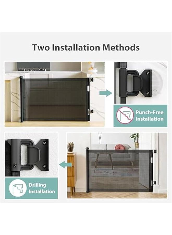 No Drilling Retractable Baby Gates for Stairs with Auto-Lock, 33 x 55 Mesh Baby Dog Pet Cat Gate with Double Locking for Doorways, Durable Child Safety Gate for Hallways Kitchen Indoor Outdoor Black