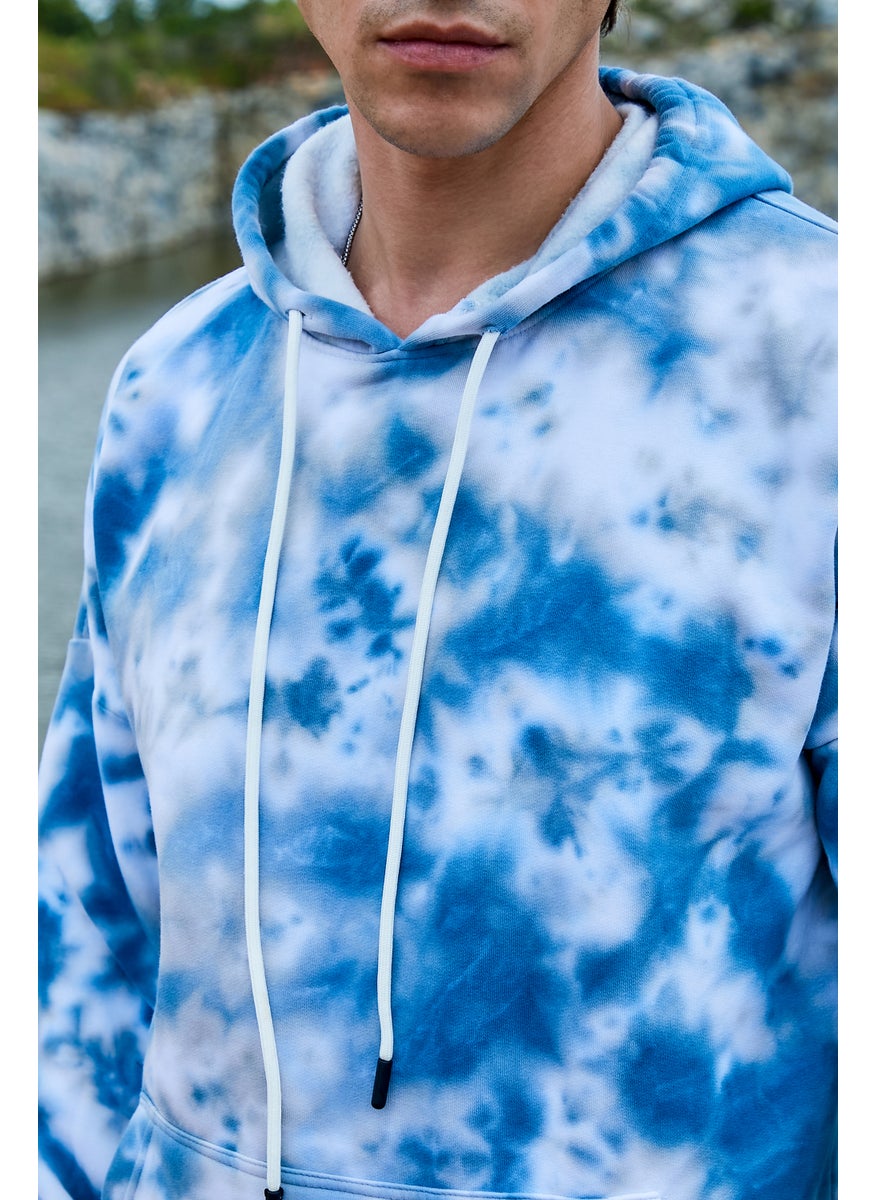 Men's White & Indigo Blue Tie-Dye Oversized Hoodie With Kangaroo Pocket