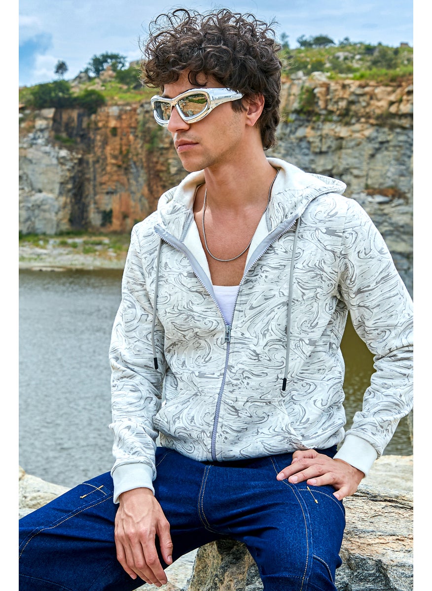 Men's White & Black Contrast Fluid Zip Front Hoodie