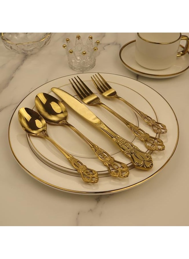 Gorgeous Retro Royal Gold Stainless Steel 5 Pieces Flatware Set, Golden Silverware Set, Anti-rust Stainless Steel Gold Cutlery Set Utensils Including Fork Spoon and Knife