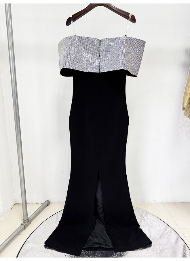 Fashion Heavy-Duty Rhinestone Bow Long Dress - Celebrity Gown