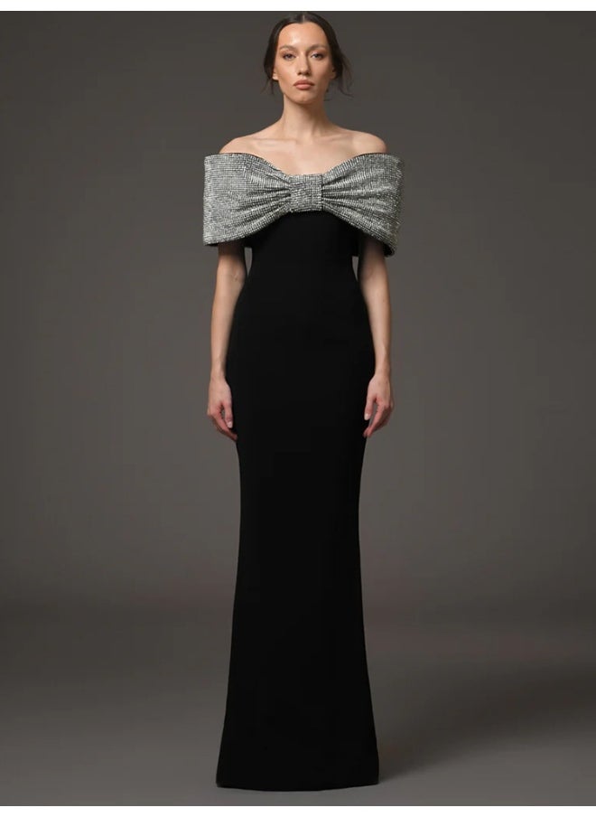 Fashion Heavy-Duty Rhinestone Bow Long Dress - Celebrity Gown