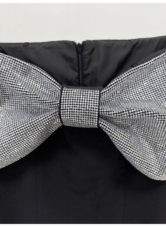 Fashion Heavy-Duty Rhinestone Bow Long Dress - Celebrity Gown