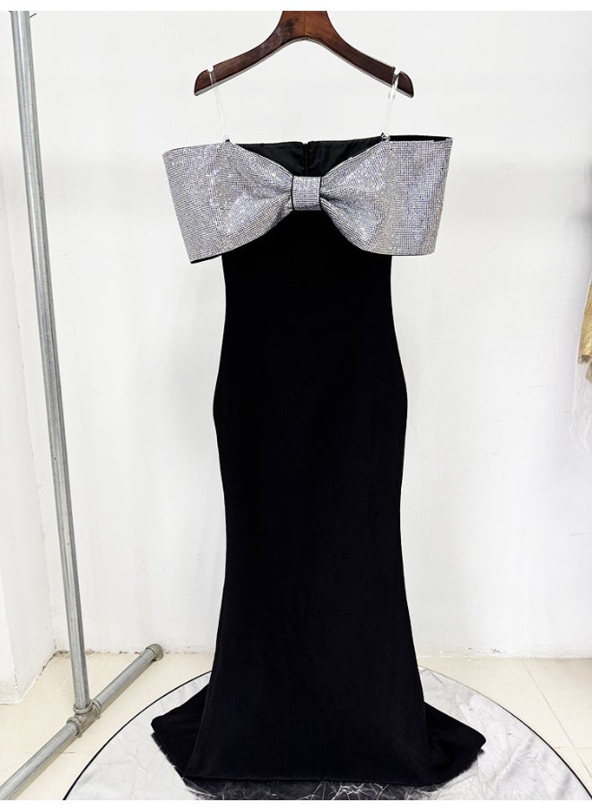 Fashion Heavy-Duty Rhinestone Bow Long Dress - Celebrity Gown