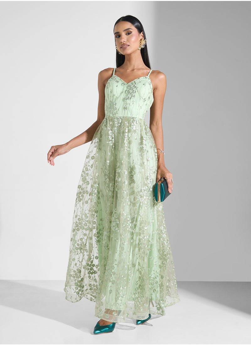 Strappy Floral Embellished Tulle A Line Dress
