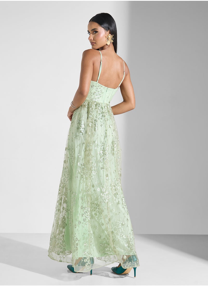 Strappy Floral Embellished Tulle A Line Dress