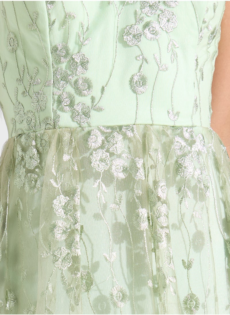 Strappy Floral Embellished Tulle A Line Dress