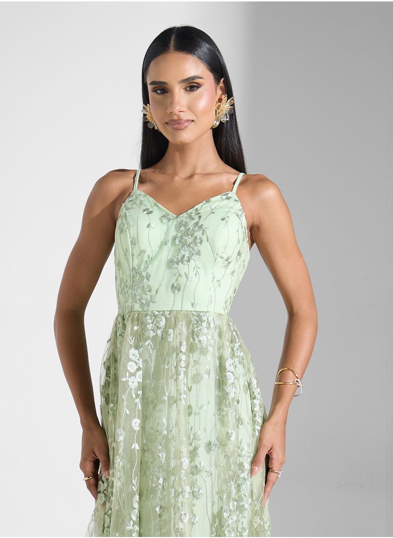 Strappy Floral Embellished Tulle A Line Dress