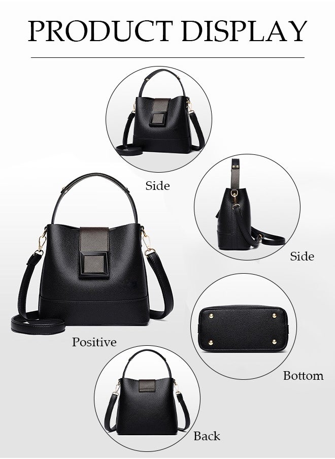 Women's crossbody bag, PU leather bucket shaped handbag, adjustable shoulder strap, with square magnetic buckle, suitable for storing mobile phones, power banks, umbrellas, cosmetics, 21 * 35 * 19cm, black