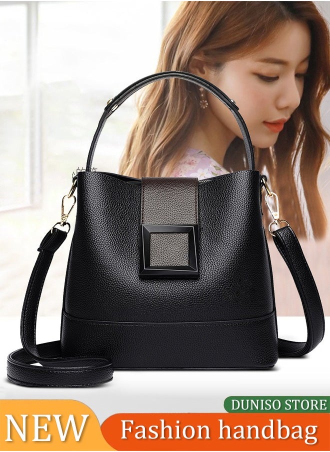 Women's crossbody bag, PU leather bucket shaped handbag, adjustable shoulder strap, with square magnetic buckle, suitable for storing mobile phones, power banks, umbrellas, cosmetics, 21 * 35 * 19cm, black