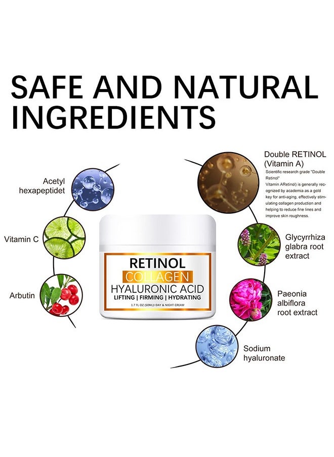 Retinol Collagen Hyaluronic Acid，Cream for Face, Anti-Aging Moisturizer with Hyaluronic Acid & Vitamin E, Collagen Cream for Wrinkles & Dark Spots, Night Cream for Youthful Skin (50g)