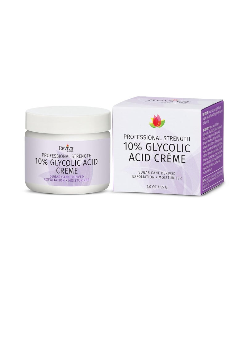 Reviva Labs 10% Glycolic Acid Creme Daily Moisturizer and Mild Exfoliant - Natural Sugar Cane Derived Alpha Hydroxy Acid Face Cream, Acido Glicolico Crema - 2 Ounces