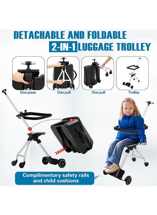 2 in1 Rolling Luggage Case for Kids, Expandable Carry on Suitcase with Baby Stroller for 1-10 Years Toddler Infant, 20 Inch Children Ride On Trolley Case for Outdoor Travel (Without Guardrail, Black)