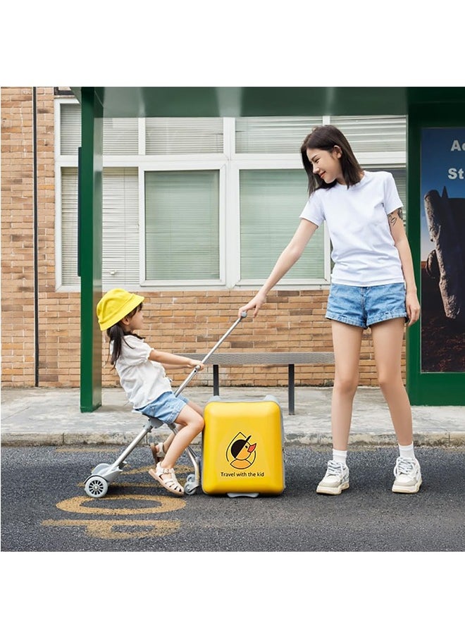 2 in1 Rolling Luggage Case for Kids, Expandable Carry on Suitcase with Baby Stroller for 1-10 Years Toddler Infant, 20 Inch Children Ride On Trolley Case for Outdoor Travel (Without Guardrail, Yellow)
