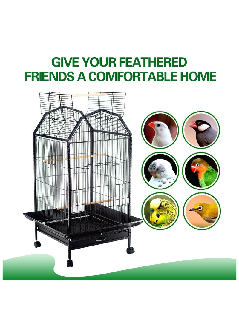 Wrought Iron Bird Cage with Rolling Stand Metal 360 Degree View Spacious Open Top Interactive Roof Durable and Rustproof Large Birdcage Breeding for Parrots Finches Lovebirds Budgie Canaries Macaw,103cm*46cm*46cm