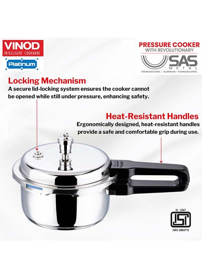 3Liters Vinod Platinum Triply Stainless Steel Outer Lid Pressure Cooker 3 Litre Capacity - ISI Certified, Silver, Induction Friendly, Pressure Cooker for Home Cooking Silver