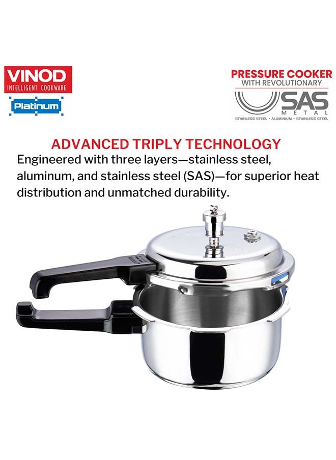 3Liters Vinod Platinum Triply Stainless Steel Outer Lid Pressure Cooker 3 Litre Capacity - ISI Certified, Silver, Induction Friendly, Pressure Cooker for Home Cooking Silver