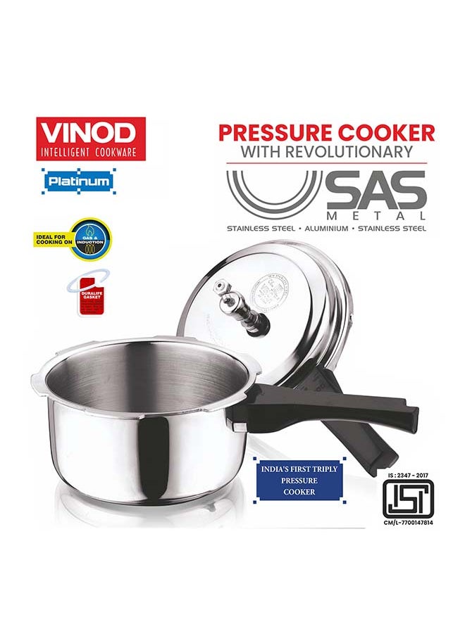 3Liters Vinod Platinum Triply Stainless Steel Outer Lid Pressure Cooker 3 Litre Capacity - ISI Certified, Silver, Induction Friendly, Pressure Cooker for Home Cooking Silver