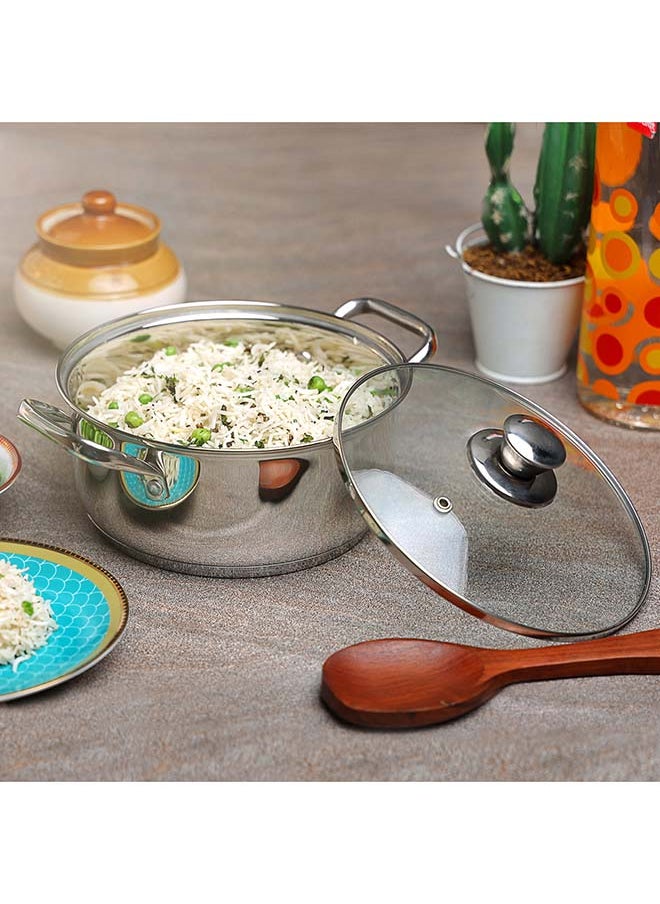 Vinod Roma Stainless Steel Saucepot with Glass Lid - 3 Litre, 20 cm | Sandwich Bottom | Rivetted Handle| Mirror Finish| Induction & Gas Base | 2 Year Warranty