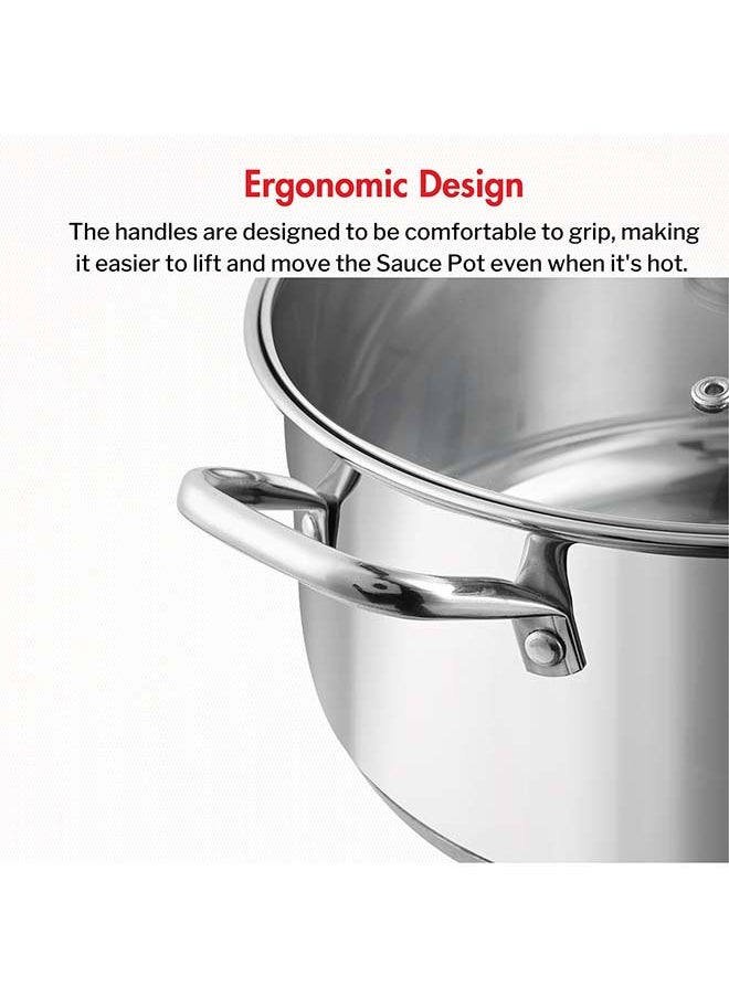 Vinod Roma Stainless Steel Saucepot with Glass Lid - 3 Litre, 20 cm | Sandwich Bottom | Rivetted Handle| Mirror Finish| Induction & Gas Base | 2 Year Warranty