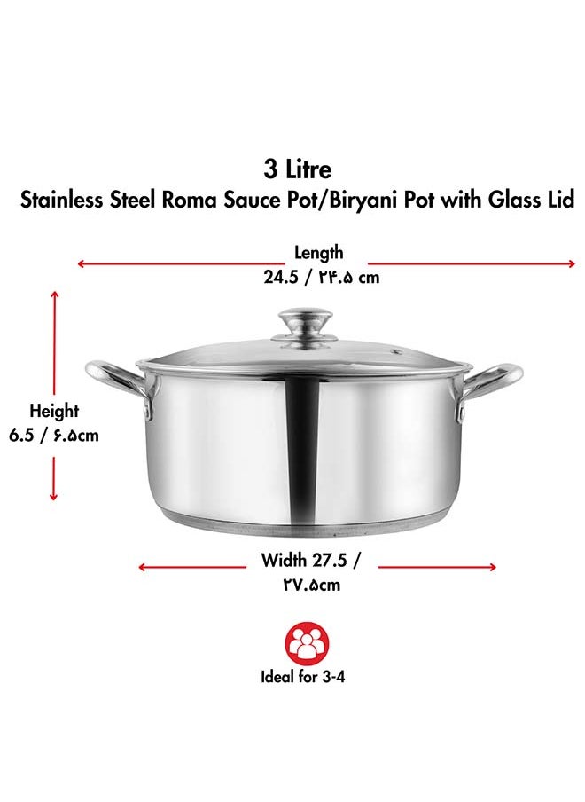 Vinod Roma Stainless Steel Saucepot with Glass Lid - 3 Litre, 20 cm | Sandwich Bottom | Rivetted Handle| Mirror Finish| Induction & Gas Base | 2 Year Warranty