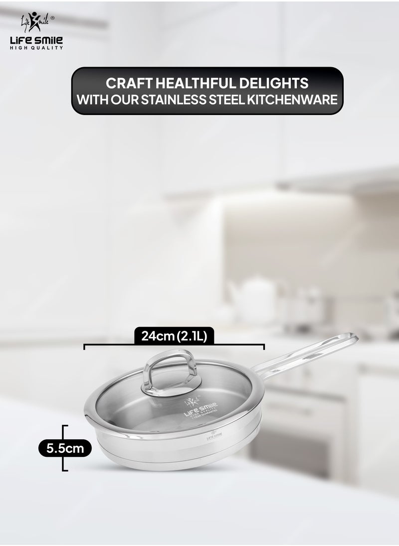 24cm (2.1 Liter) LIFE SMILE Frying pan with Lid - 18/10 Pure Stainless Steel - Thick Induction Base Fry Pan - Non-Toxic, 100% PFOA, PTFE & PFOS Free - Oven Safe Saute Pan