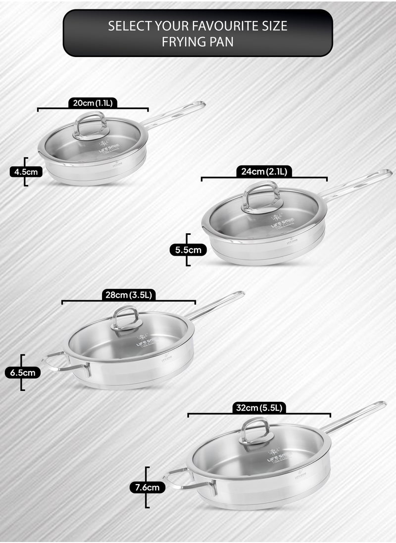 24cm (2.1 Liter) LIFE SMILE Frying pan with Lid - 18/10 Pure Stainless Steel - Thick Induction Base Fry Pan - Non-Toxic, 100% PFOA, PTFE & PFOS Free - Oven Safe Saute Pan