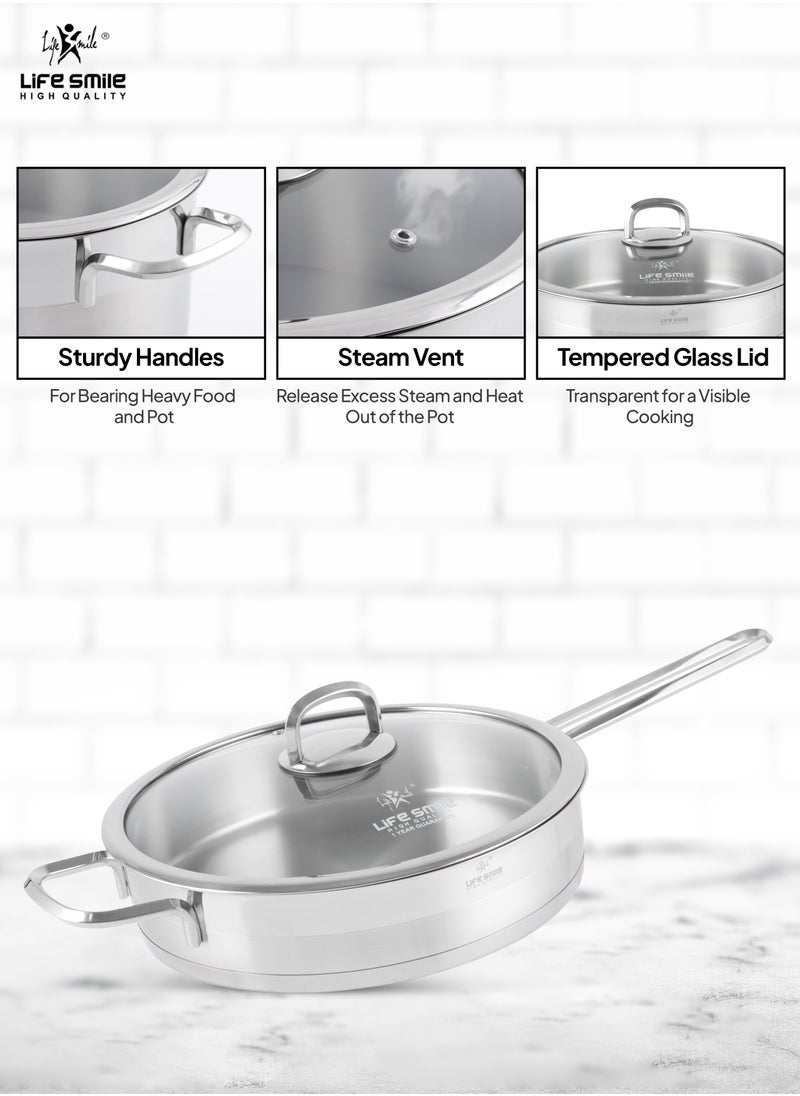 24cm (2.1 Liter) LIFE SMILE Frying pan with Lid - 18/10 Pure Stainless Steel - Thick Induction Base Fry Pan - Non-Toxic, 100% PFOA, PTFE & PFOS Free - Oven Safe Saute Pan