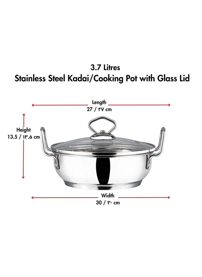 Vinod Stainless Steel Kadhai with Glass Lid - 3.7 Litre, 26cm | Extra Thick, SAS Heavy Bottom | Kadai for Cooking | Induction and Gas Base | 2 Year Warranty - Silver
