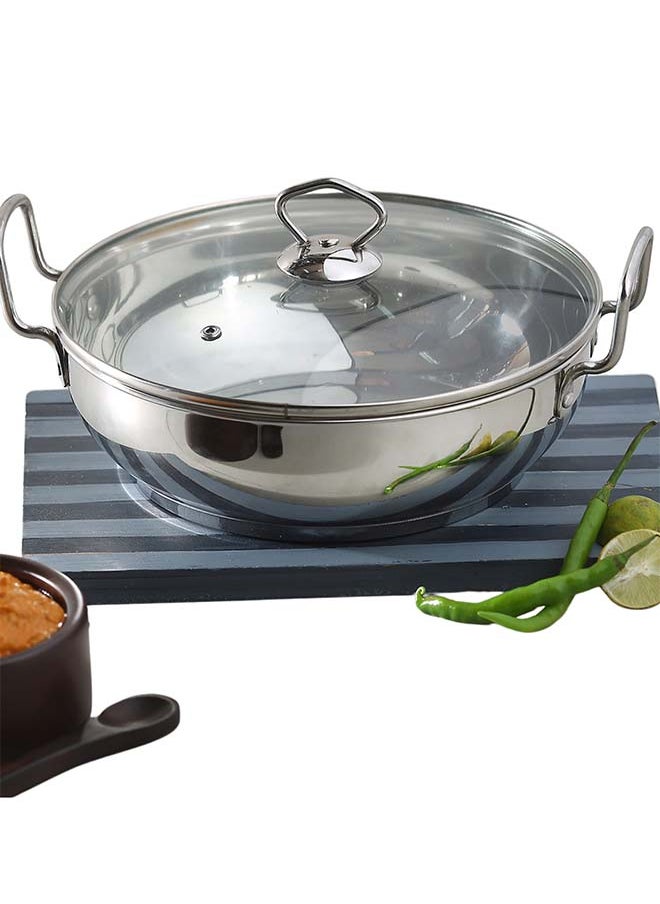 Vinod Stainless Steel Kadhai with Glass Lid - 3.7 Litre, 26cm | Extra Thick, SAS Heavy Bottom | Kadai for Cooking | Induction and Gas Base | 2 Year Warranty - Silver