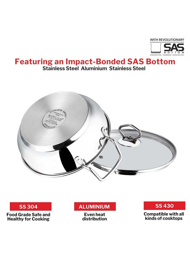 Vinod Stainless Steel Kadhai with Glass Lid - 3.7 Litre, 26cm | Extra Thick, SAS Heavy Bottom | Kadai for Cooking | Induction and Gas Base | 2 Year Warranty - Silver