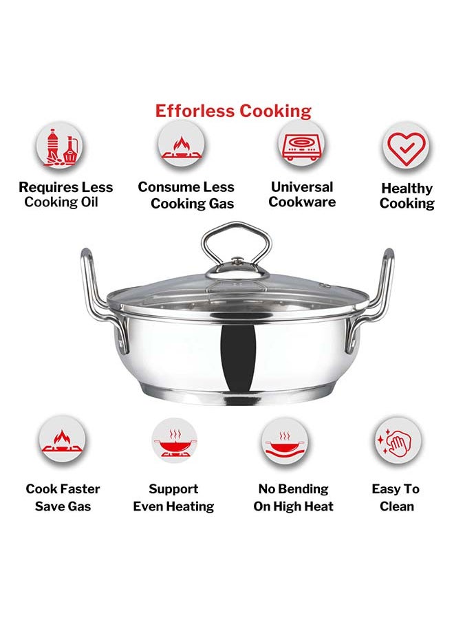 Vinod Stainless Steel Kadhai with Glass Lid - 3.7 Litre, 26cm | Extra Thick, SAS Heavy Bottom | Kadai for Cooking | Induction and Gas Base | 2 Year Warranty - Silver