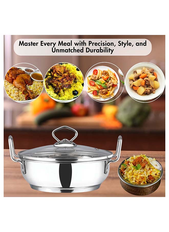 Vinod Stainless Steel Kadhai with Glass Lid - 3.7 Litre, 26cm | Extra Thick, SAS Heavy Bottom | Kadai for Cooking | Induction and Gas Base | 2 Year Warranty - Silver