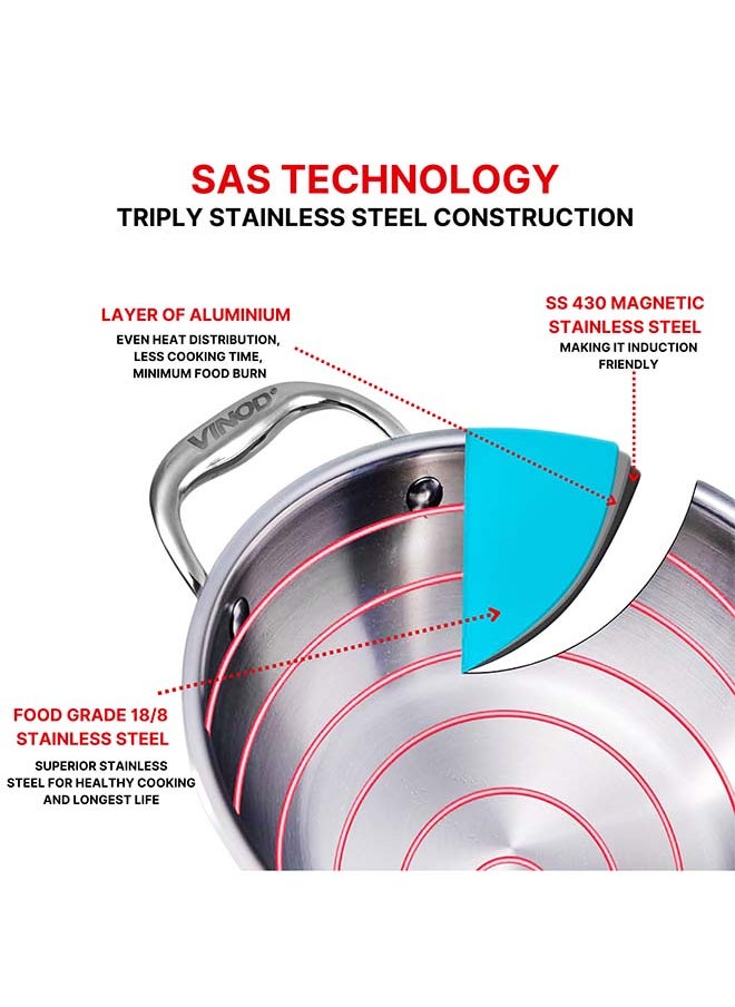 Vinod Platinum Triply Stainless Steel Extra Deep Kadai with Stainless Steel Lid 1.2 Litres Capacity (18 cm Diameter) | 18 cm Triply Stainless Steel Kadai, Silver (Induction and Gas stove Friendly)