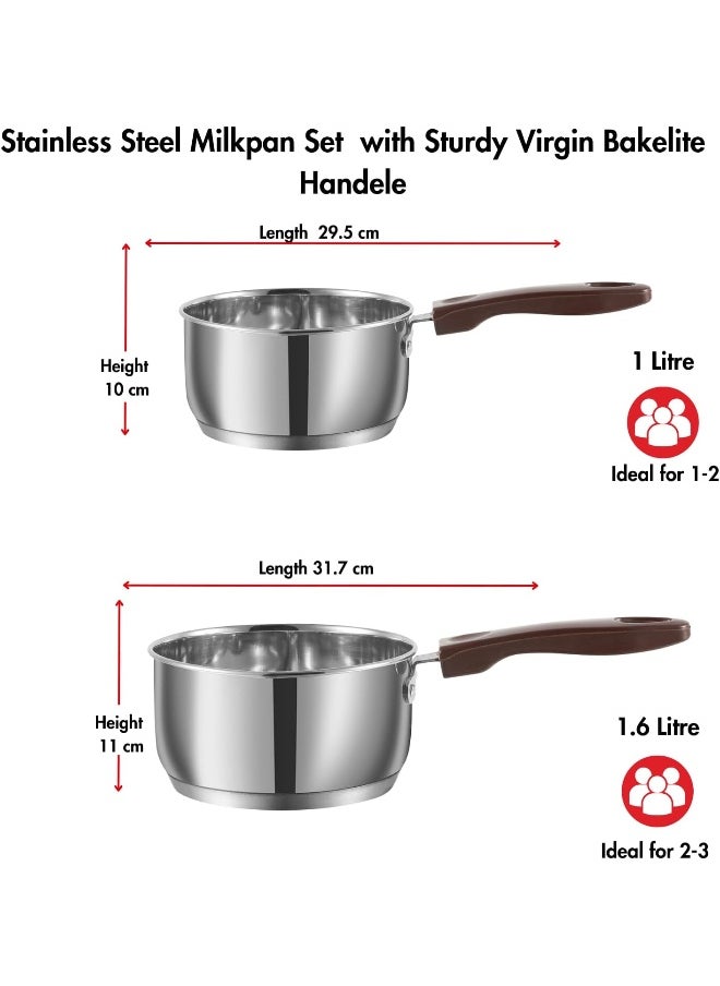 Vinod Stainless Steel Milkpan/Saucepan Set of 2-1 Litre and 1.6 Litre, Tea/Chai Pan, Riveted Sturdy Handles, Induction and Gas Stove Friendly, SAS Bottom
