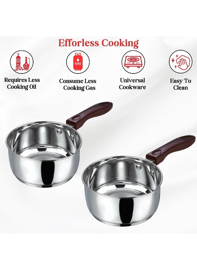 Vinod Stainless Steel Milkpan/Saucepan Set of 2-1 Litre and 1.6 Litre, Tea/Chai Pan, Riveted Sturdy Handles, Induction and Gas Stove Friendly, SAS Bottom