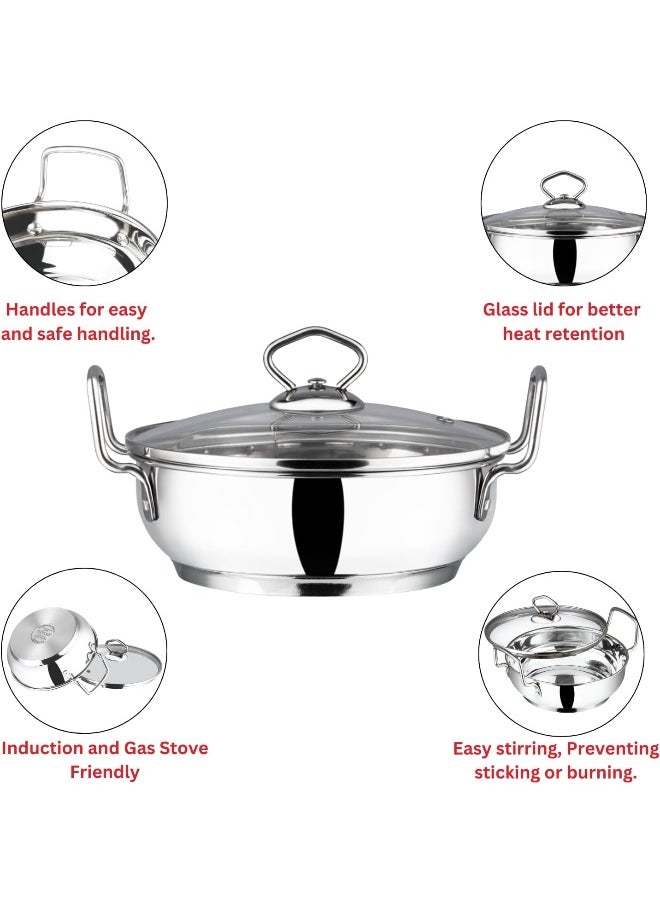 Stainless Steel Kadhai/Cooking Pot with Glass Lid - 2.7 Litre, 24cm