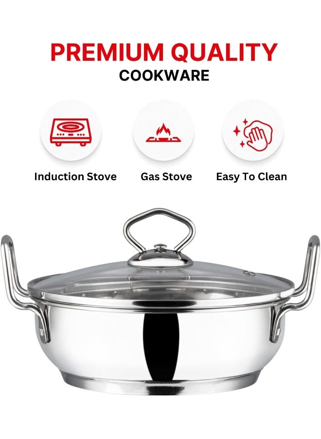 Stainless Steel Kadhai/Cooking Pot with Glass Lid - 2.7 Litre, 24cm