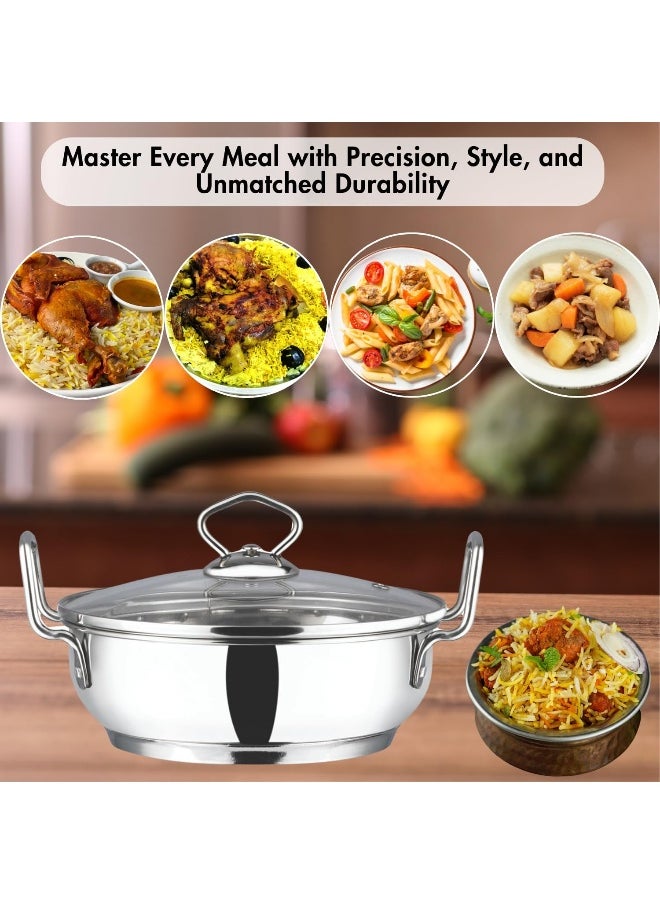 Stainless Steel Kadhai/Cooking Pot with Glass Lid - 2.7 Litre, 24cm