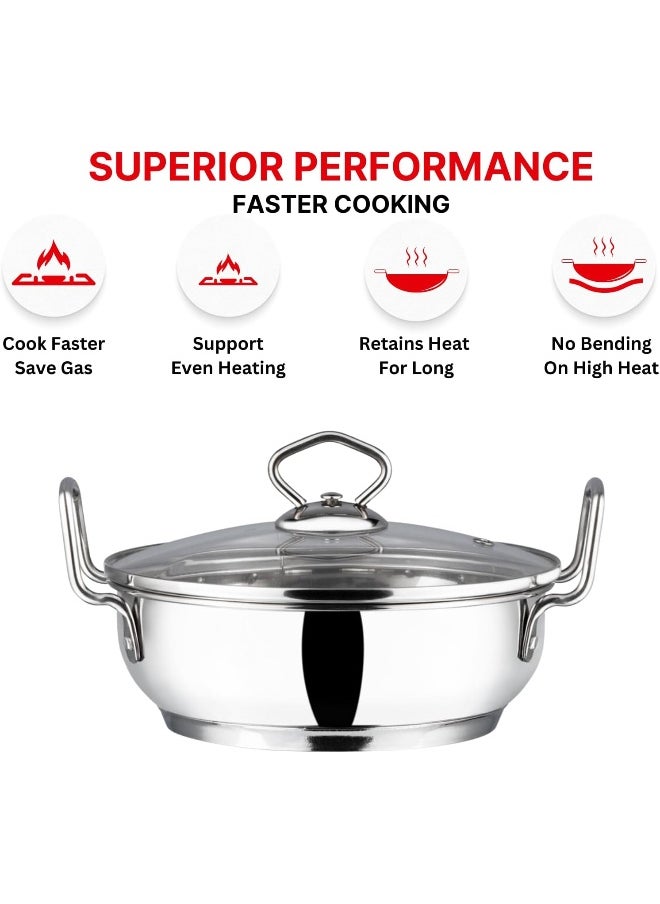 Stainless Steel Kadhai/Cooking Pot with Glass Lid - 2.7 Litre, 24cm