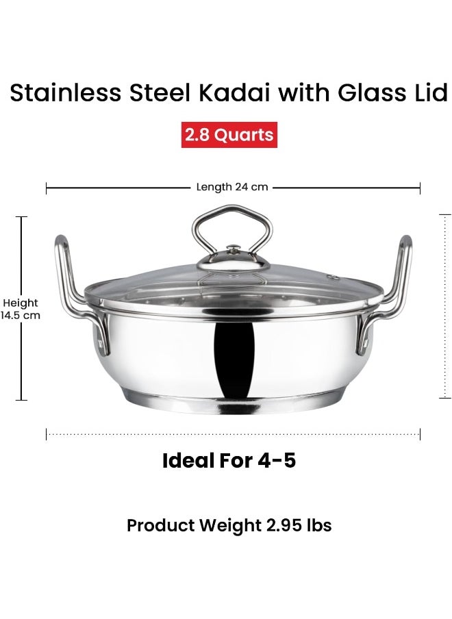 Stainless Steel Kadhai/Cooking Pot with Glass Lid - 2.7 Litre, 24cm