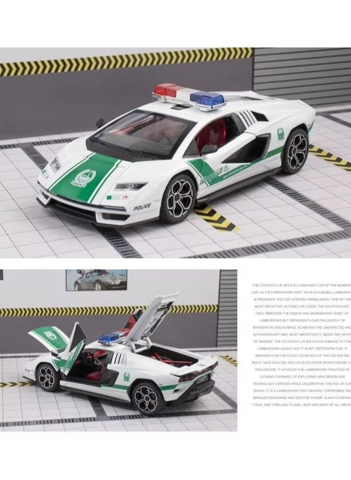 1:24 Compatible for Lamborghini Countach LP 800-4 Police Diecast Metal Pull-Back Toy Car – 4 Openable Doors, Light & Sound – Luxury Gift for Kids & Collectors