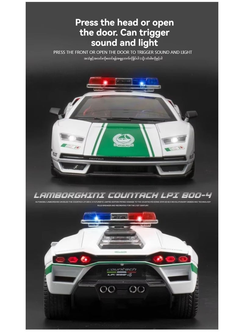 1:24 Compatible for Lamborghini Countach LP 800-4 Police Diecast Metal Pull-Back Toy Car – 4 Openable Doors, Light & Sound – Luxury Gift for Kids & Collectors