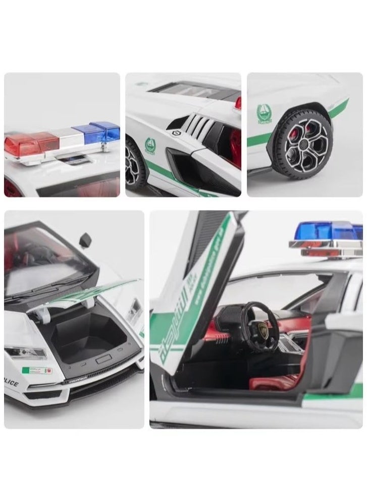 1:24 Compatible for Lamborghini Countach LP 800-4 Police Diecast Metal Pull-Back Toy Car – 4 Openable Doors, Light & Sound – Luxury Gift for Kids & Collectors