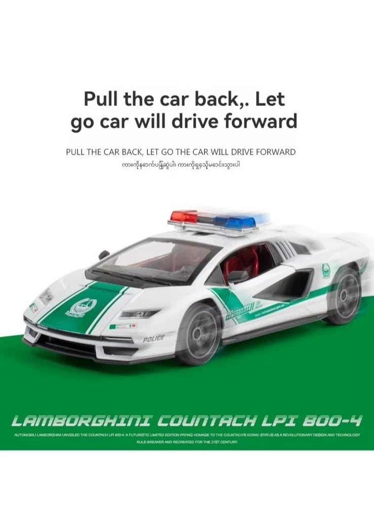 1:24 Compatible for Lamborghini Countach LP 800-4 Police Diecast Metal Pull-Back Toy Car – 4 Openable Doors, Light & Sound – Luxury Gift for Kids & Collectors