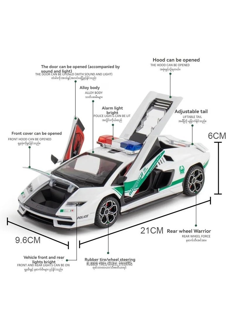 1:24 Compatible for Lamborghini Countach LP 800-4 Police Diecast Metal Pull-Back Toy Car – 4 Openable Doors, Light & Sound – Luxury Gift for Kids & Collectors