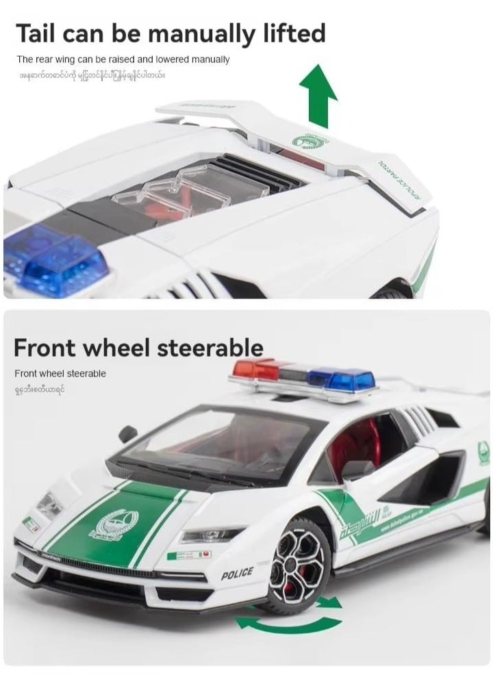 1:24 Compatible for Lamborghini Countach LP 800-4 Police Diecast Metal Pull-Back Toy Car – 4 Openable Doors, Light & Sound – Luxury Gift for Kids & Collectors